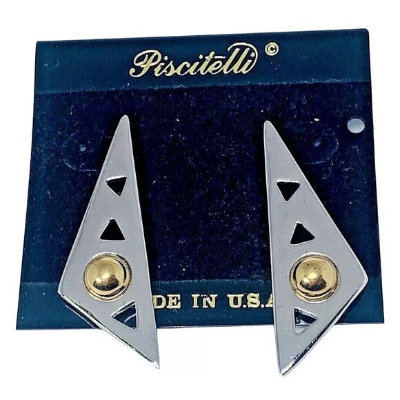 Piscitelli Triangle Statement Earrings 2” Silver Tone Signed Designer - Picture 11 of 11
